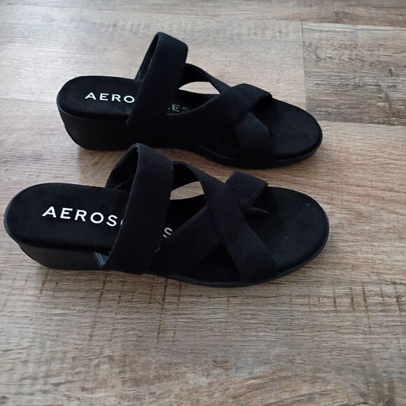 Aerosoles black Ilona Women's Wedge Strappy Cushioned Footbed Sandal 9 Worn Once - Picture 6 of 9